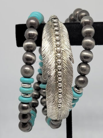 Feather, Turquoise, Navajo Pearl Triple Bracelet